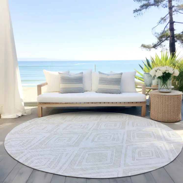 8' Pearl And Ivory Round Geometric Washable Indoor Outdoor Area Rug
