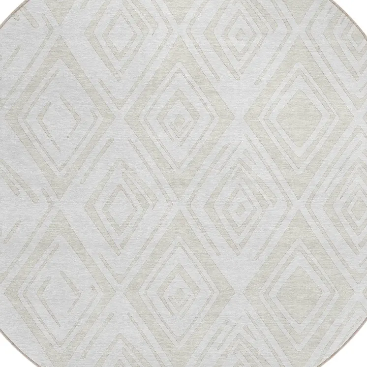 8' Pearl And Ivory Round Geometric Washable Indoor Outdoor Area Rug