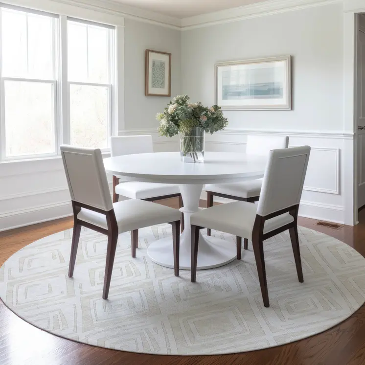8' Pearl And Ivory Round Geometric Washable Indoor Outdoor Area Rug