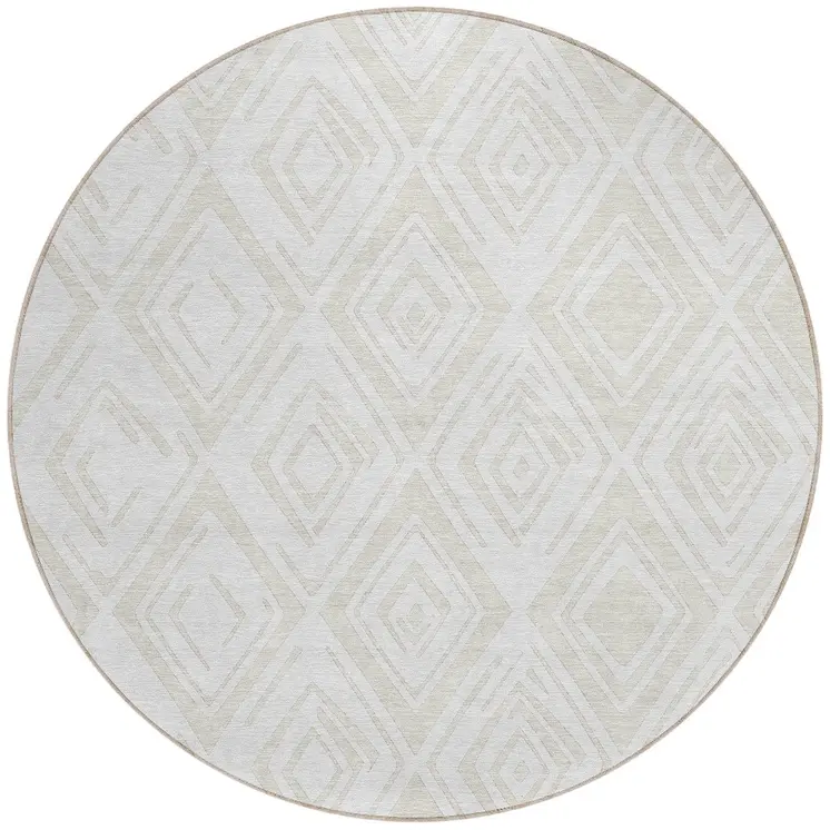 8' Pearl And Ivory Round Geometric Washable Indoor Outdoor Area Rug