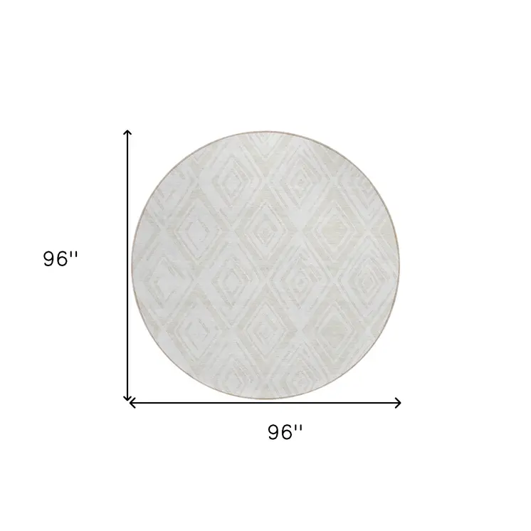 8' Pearl And Ivory Round Geometric Washable Indoor Outdoor Area Rug