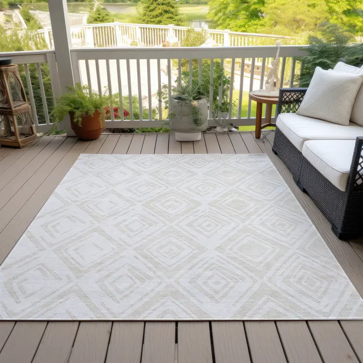 8' X 10' Pearl And Ivory Geometric Washable Indoor Outdoor Area Rug