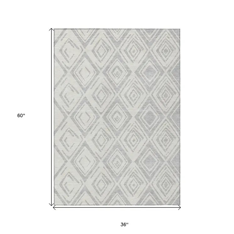 3' X 5' Pewter And Ivory Geometric Washable Indoor Outdoor Area Rug