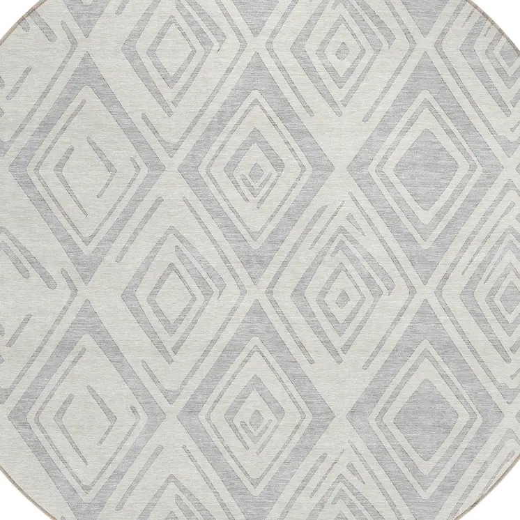 8' Pewter And Ivory Round Geometric Washable Indoor Outdoor Area Rug
