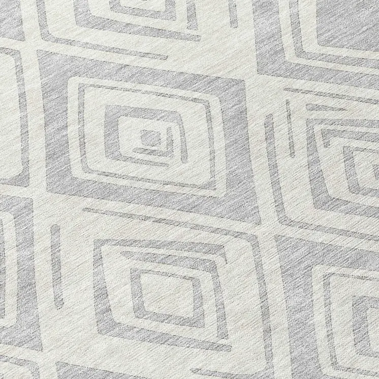8' Pewter And Ivory Round Geometric Washable Indoor Outdoor Area Rug