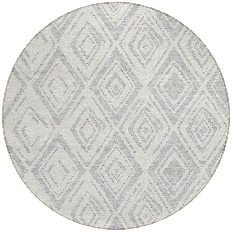 8' Pewter And Ivory Round Geometric Washable Indoor Outdoor Area Rug