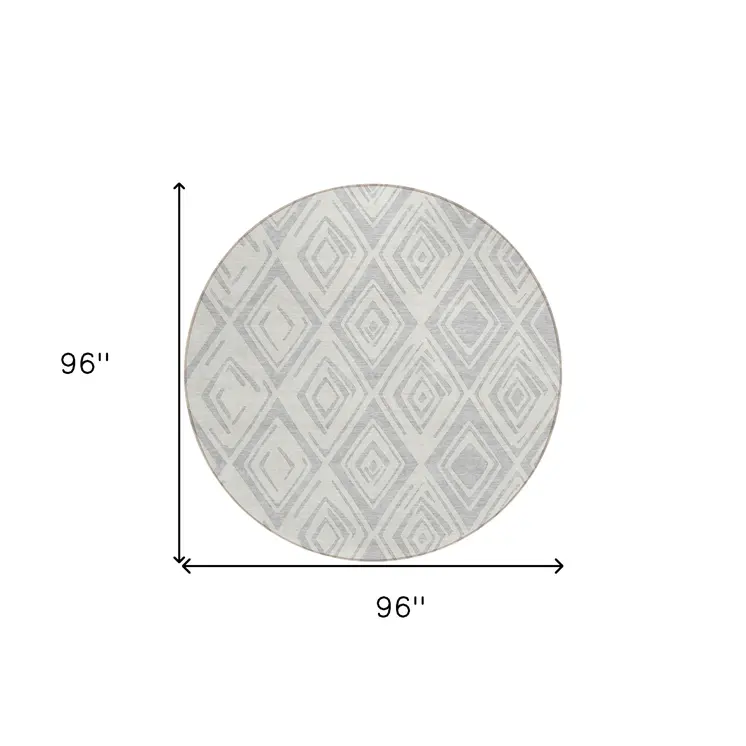 8' Pewter And Ivory Round Geometric Washable Indoor Outdoor Area Rug