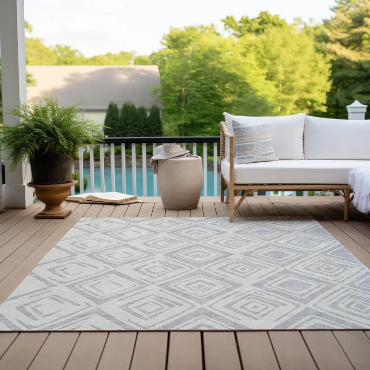 8' X 10' Pewter And Ivory Geometric Washable Indoor Outdoor Area Rug