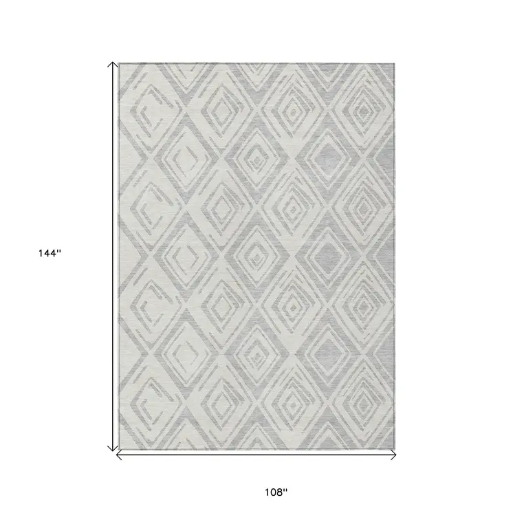 9' X 12' Pewter And Ivory Geometric Washable Indoor Outdoor Area Rug