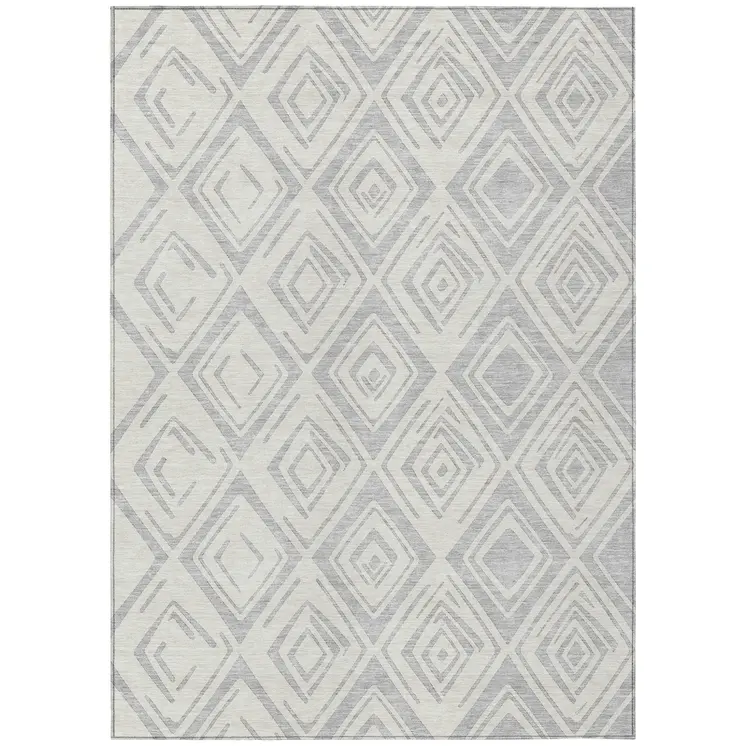 10' X 14' Pewter And Ivory Geometric Washable Indoor Outdoor Area Rug