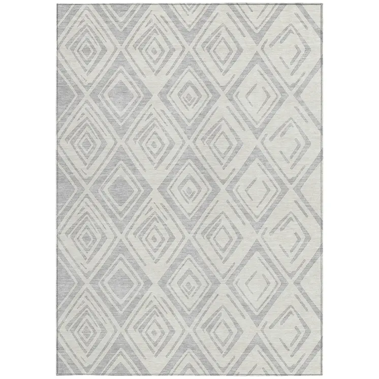10' X 14' Pewter And Ivory Geometric Washable Indoor Outdoor Area Rug