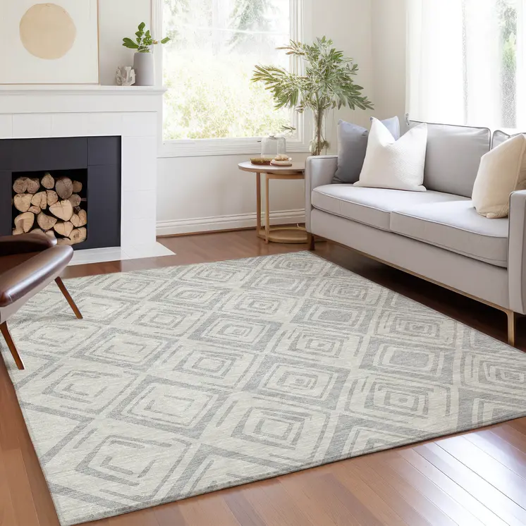 10' X 14' Pewter And Ivory Geometric Washable Indoor Outdoor Area Rug