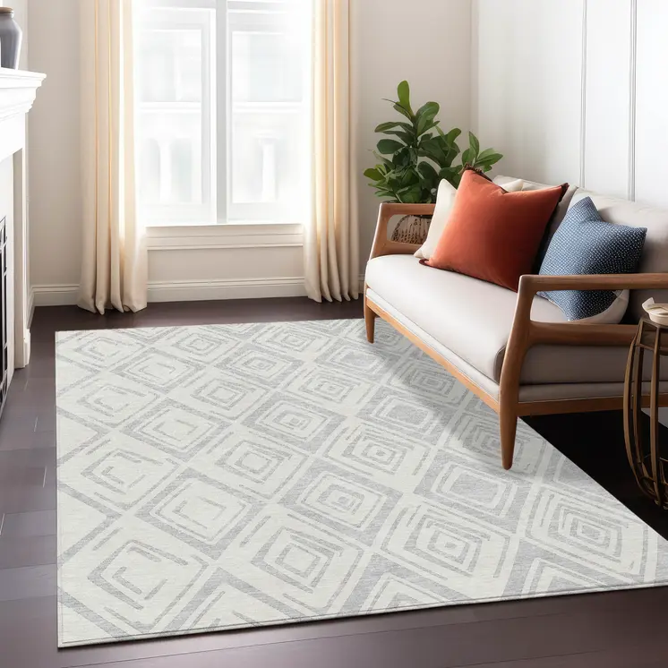 10' X 14' Pewter And Ivory Geometric Washable Indoor Outdoor Area Rug