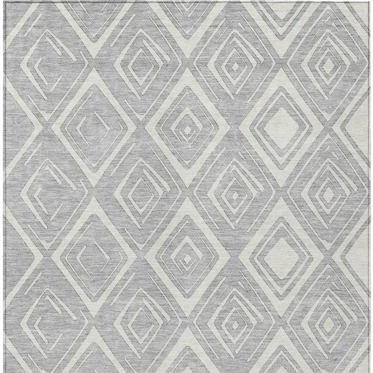 3' X 5' Silver And Ivory Geometric Washable Indoor Outdoor Area Rug