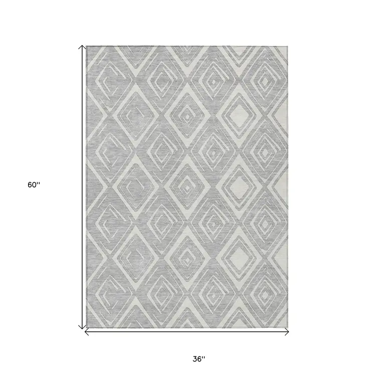 3' X 5' Silver And Ivory Geometric Washable Indoor Outdoor Area Rug