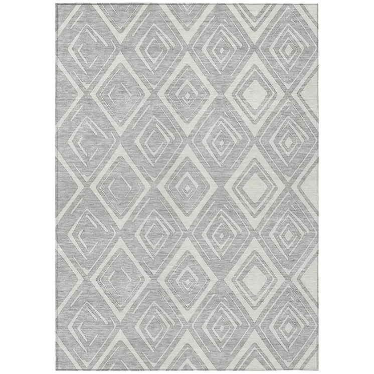 3' X 5' Silver And Ivory Geometric Washable Indoor Outdoor Area Rug
