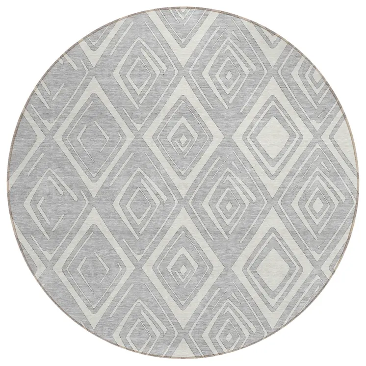 8' Silver And Ivory Round Geometric Washable Indoor Outdoor Area Rug
