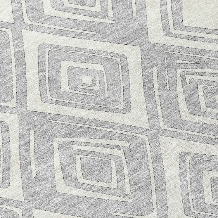 8' Silver And Ivory Round Geometric Washable Indoor Outdoor Area Rug