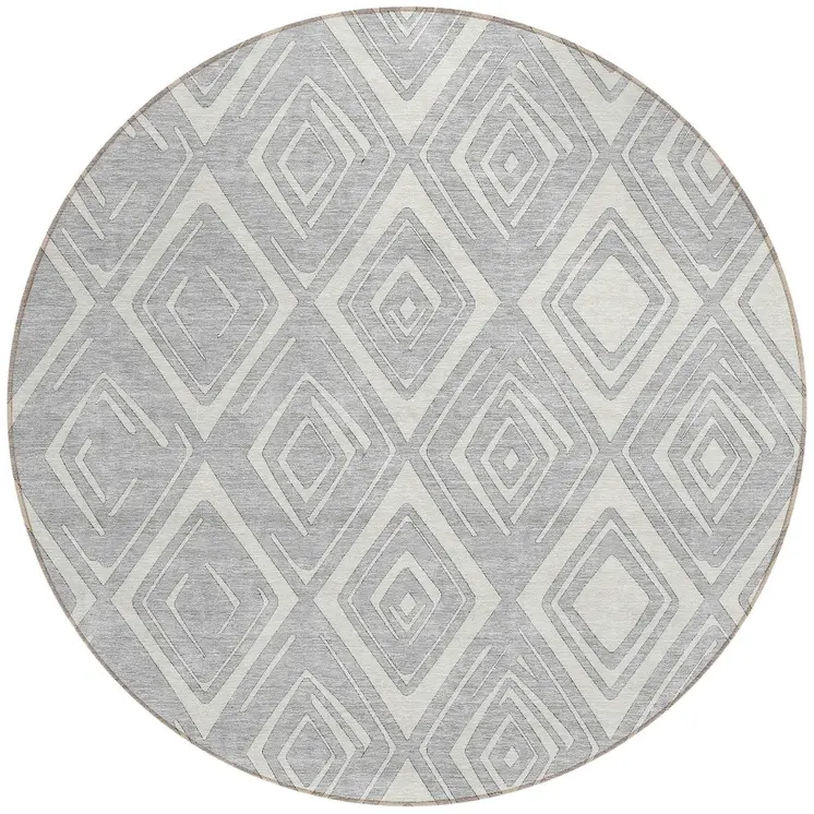 8' Silver And Ivory Round Geometric Washable Indoor Outdoor Area Rug