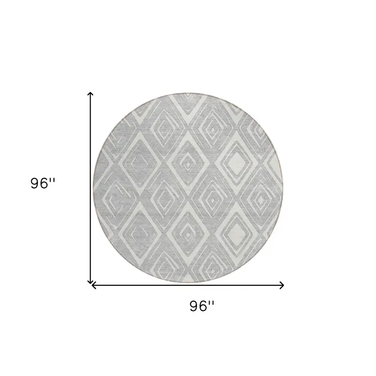 8' Silver And Ivory Round Geometric Washable Indoor Outdoor Area Rug