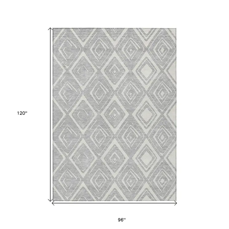 8' X 10' Silver And Ivory Geometric Washable Indoor Outdoor Area Rug