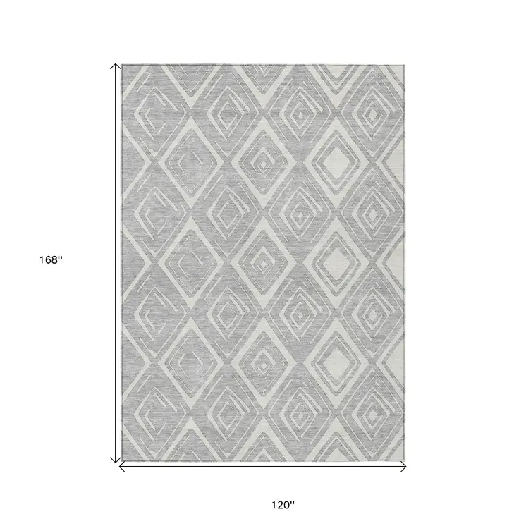 10' X 14' Silver And Ivory Geometric Washable Indoor Outdoor Area Rug