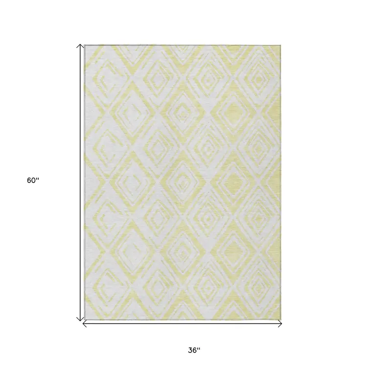 3' X 5' Yellow And Ivory Geometric Washable Indoor Outdoor Area Rug