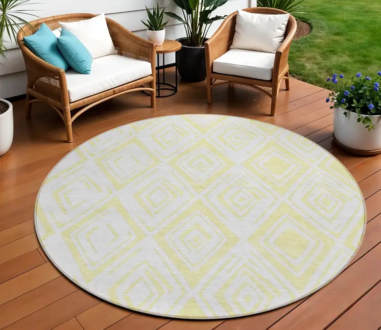 8' Yellow And Ivory Round Geometric Washable Indoor Outdoor Area Rug