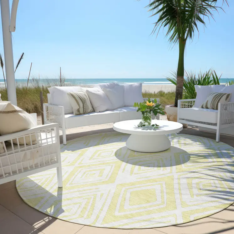 8' Yellow And Ivory Round Geometric Washable Indoor Outdoor Area Rug