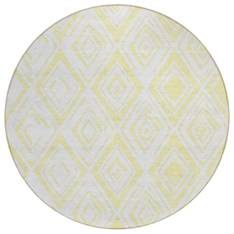 8' Yellow And Ivory Round Geometric Washable Indoor Outdoor Area Rug