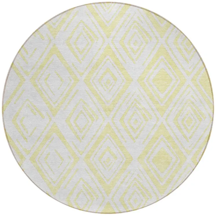 8' Yellow And Ivory Round Geometric Washable Indoor Outdoor Area Rug