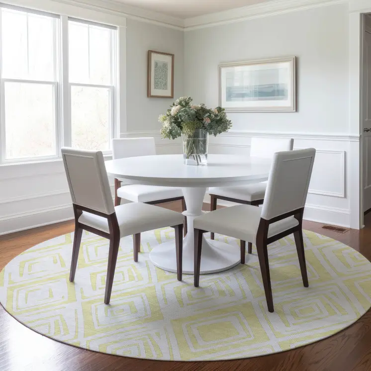 8' Yellow And Ivory Round Geometric Washable Indoor Outdoor Area Rug