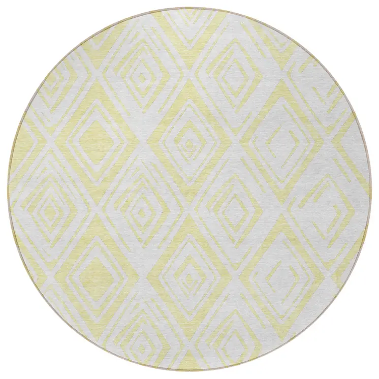 8' Yellow And Ivory Round Geometric Washable Indoor Outdoor Area Rug