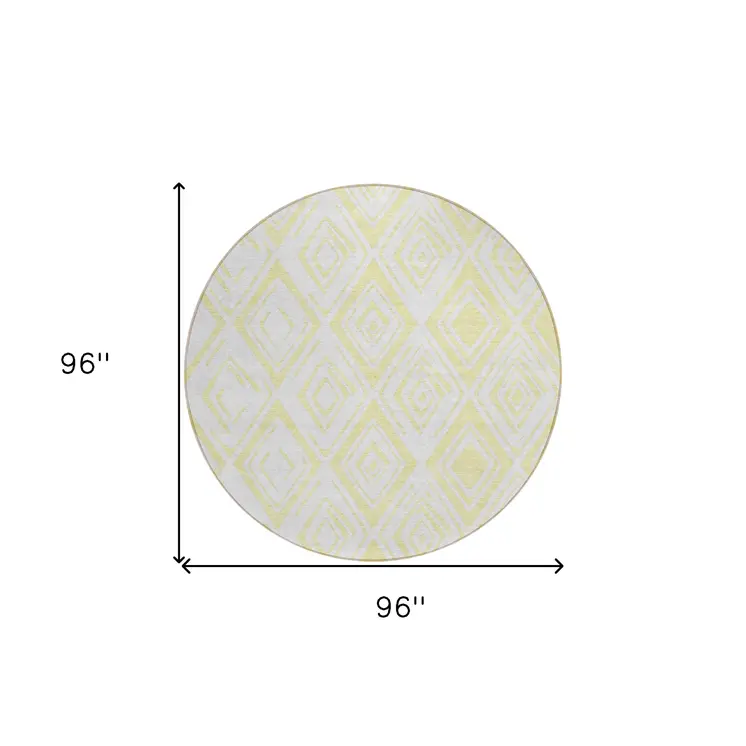8' Yellow And Ivory Round Geometric Washable Indoor Outdoor Area Rug