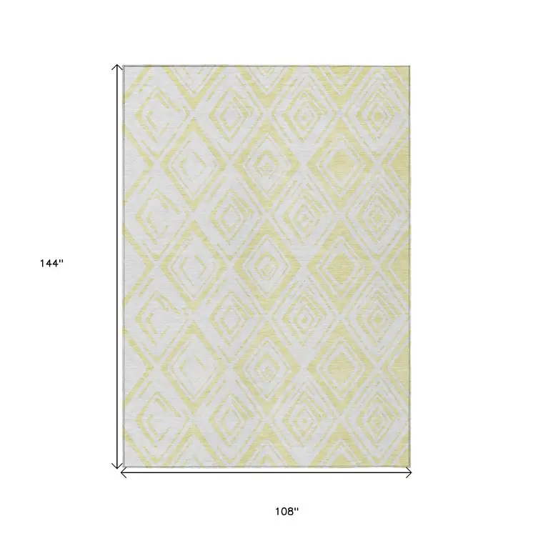 9' X 12' Yellow And Ivory Geometric Washable Indoor Outdoor Area Rug
