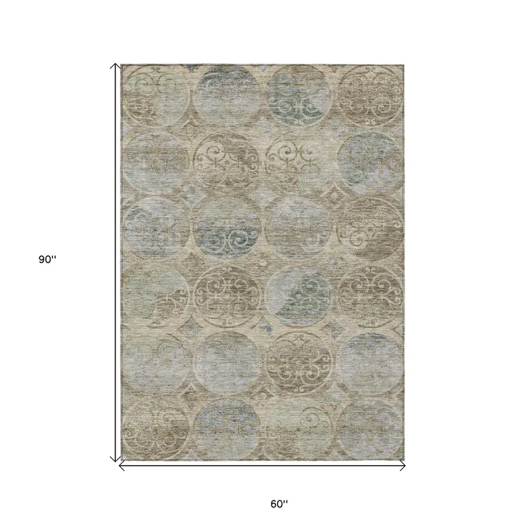 5' X 8' Beige Taupe And Blue Trellis Washable Indoor Outdoor Area Rug