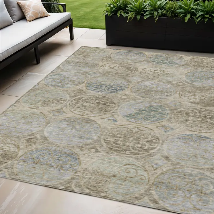 5' X 8' Beige Taupe And Blue Trellis Washable Indoor Outdoor Area Rug