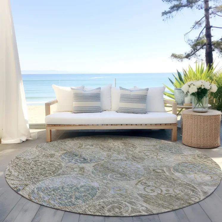 8' Beige Taupe And Blue Round Trellis Washable Indoor Outdoor Area Rug