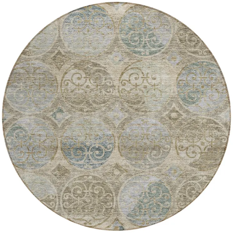 8' Beige Taupe And Blue Round Trellis Washable Indoor Outdoor Area Rug