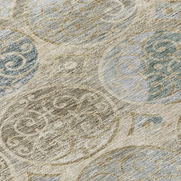 8' Beige Taupe And Blue Round Trellis Washable Indoor Outdoor Area Rug