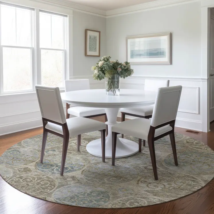 8' Beige Taupe And Blue Round Trellis Washable Indoor Outdoor Area Rug