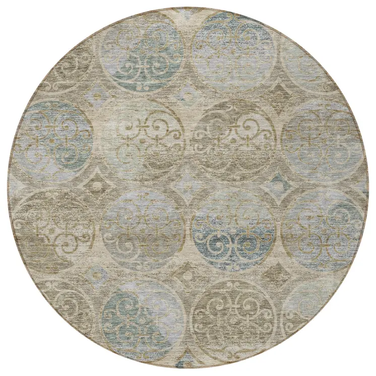 8' Beige Taupe And Blue Round Trellis Washable Indoor Outdoor Area Rug