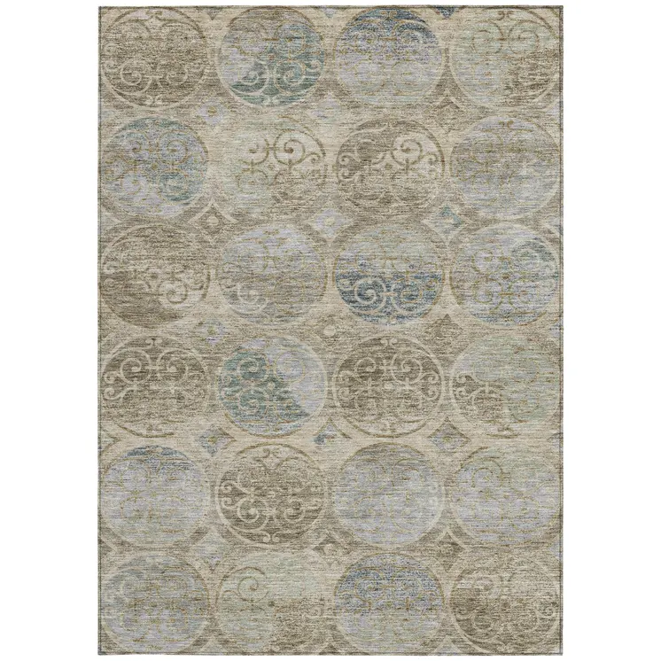 9' X 12' Beige Taupe And Blue Trellis Washable Indoor Outdoor Area Rug