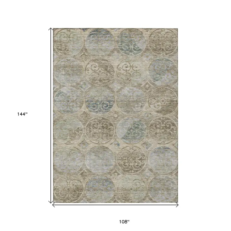 9' X 12' Beige Taupe And Blue Trellis Washable Indoor Outdoor Area Rug