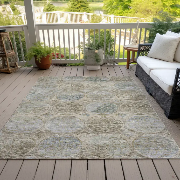 9' X 12' Beige Taupe And Blue Trellis Washable Indoor Outdoor Area Rug