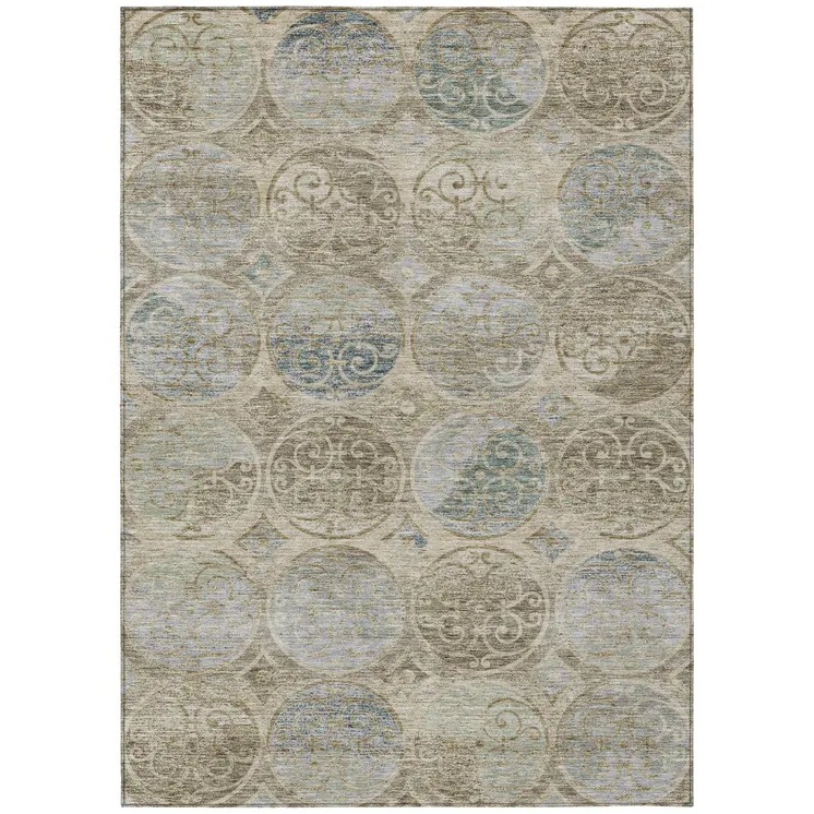 9' X 12' Beige Taupe And Blue Trellis Washable Indoor Outdoor Area Rug