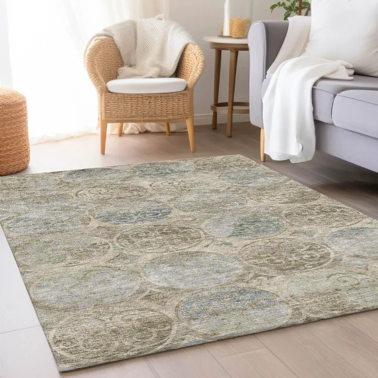 9' X 12' Beige Taupe And Blue Trellis Washable Indoor Outdoor Area Rug
