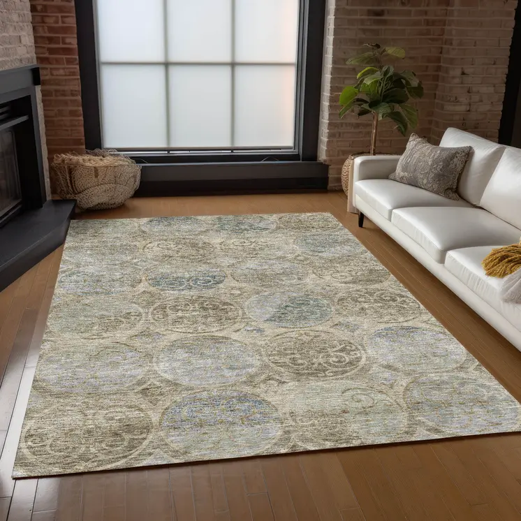 9' X 12' Beige Taupe And Blue Trellis Washable Indoor Outdoor Area Rug