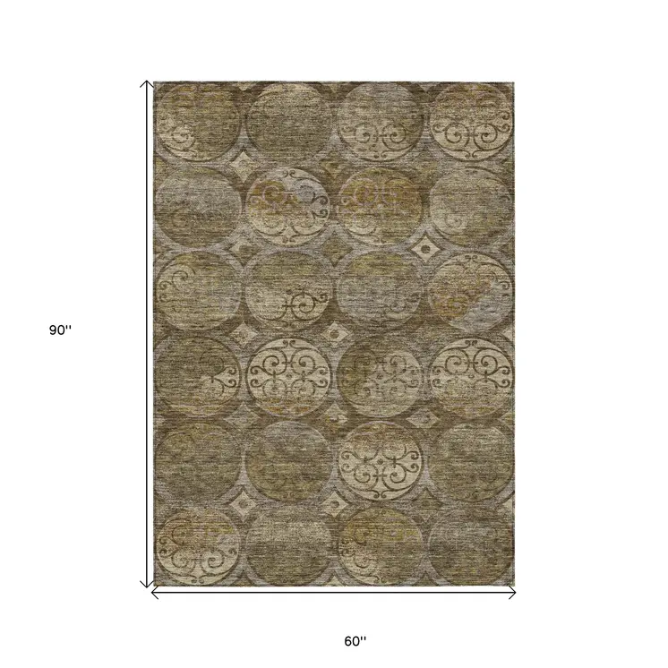 5' X 8' Brown Taupe And Gray Trellis Washable Indoor Outdoor Area Rug