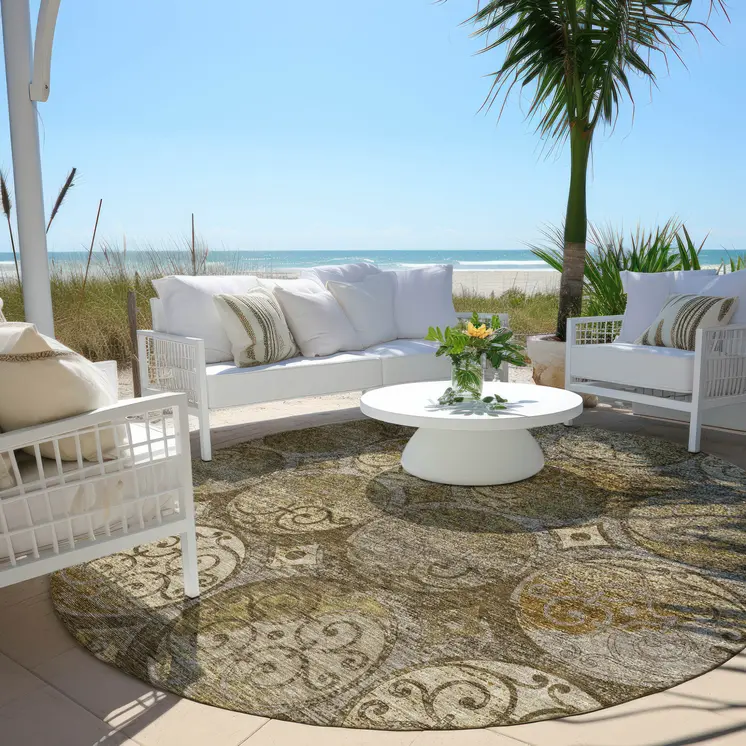 8' Brown Taupe And Gray Round Trellis Washable Indoor Outdoor Area Rug